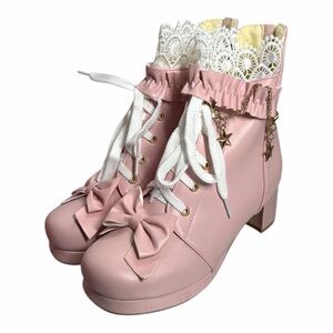 Coquette Pink Lace-Up Bow Ankle Boots